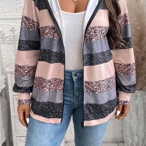 Color block Striped Pink and Gray Zip-Up Women’s Plus size hooded Jacket